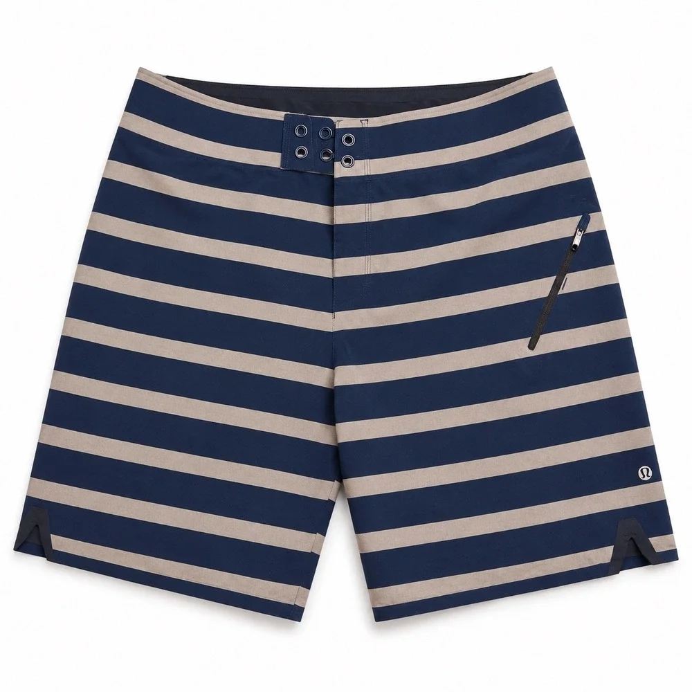 Lululemon Mens Striped Board Shorts Navy Blue Tan Swim Trunks Size 36‎ No String